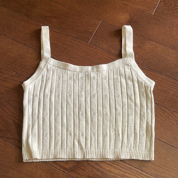 Pointelle Ribbed Knit Beige Crop Top - Picture 1 of 5